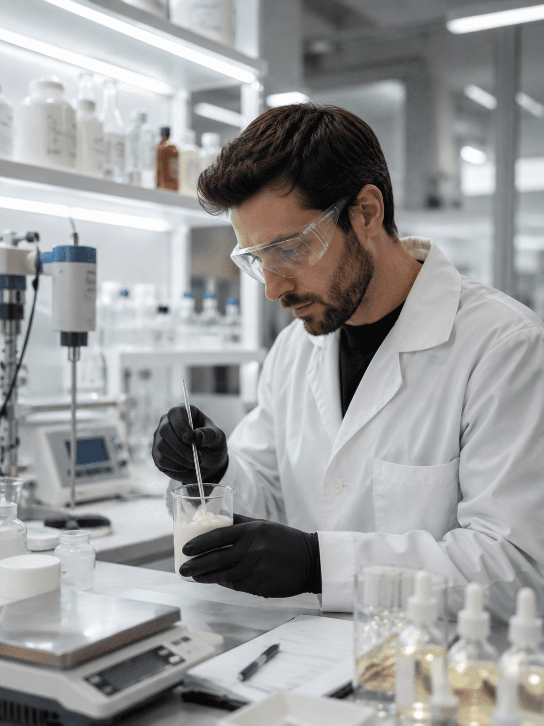 Ricercatori in laboratorio cosmetico durante la formulazione
