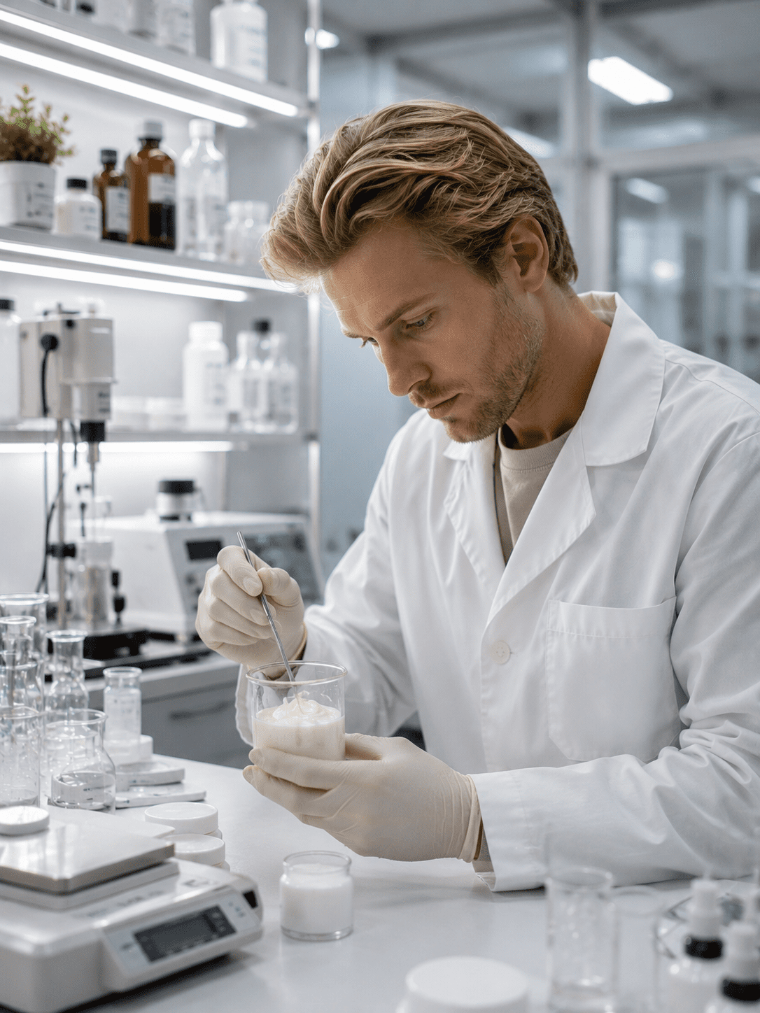 Controllo qualità in laboratorio su campioni di prodotti cosmetici biologici