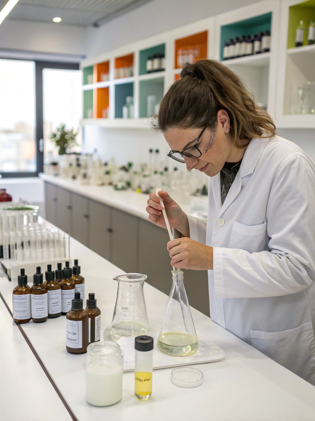 Dettaglio di un processo di formulazione cosmetica in laboratorio con strumenti di precisione