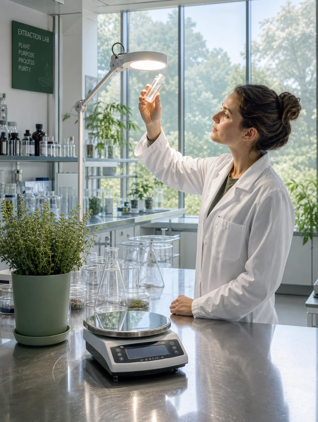 Tecnico di laboratorio che analizza formulazioni cosmetiche biologiche