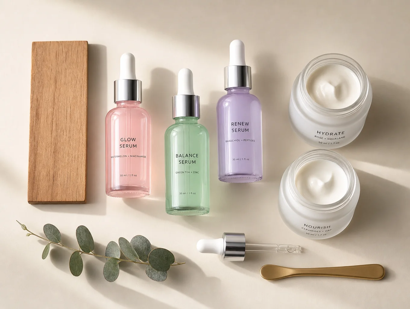 Overhead flatlay view of cosmetic bottles, droppers, cream jars, and pipettes on neutral background