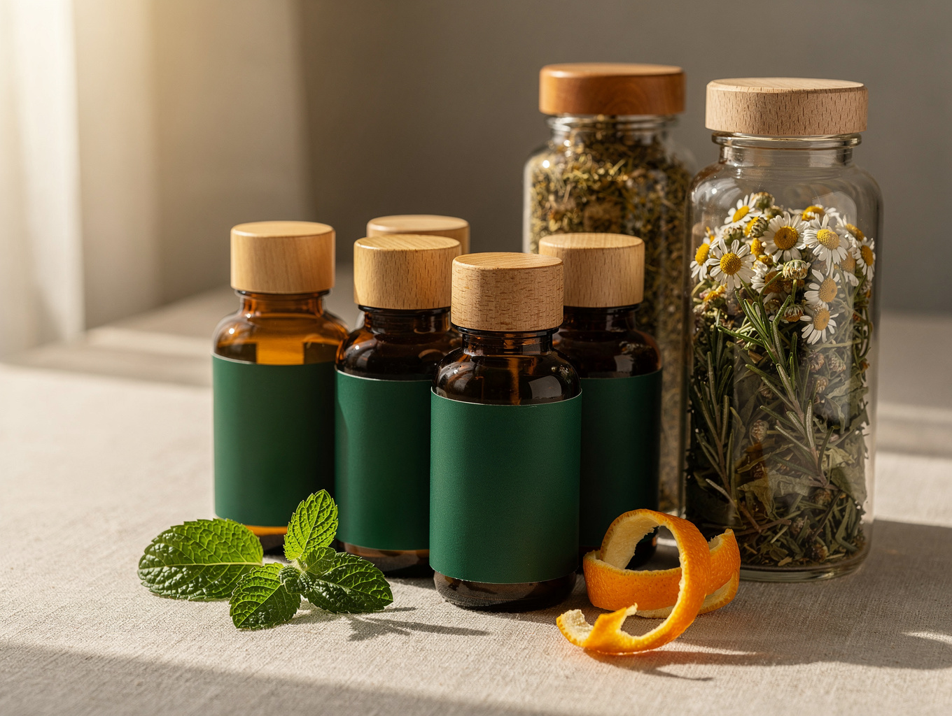 Piccoli vasetti di vetro e fiale con fiori di camomilla ed erbe fresche per cosmetici naturali per animali